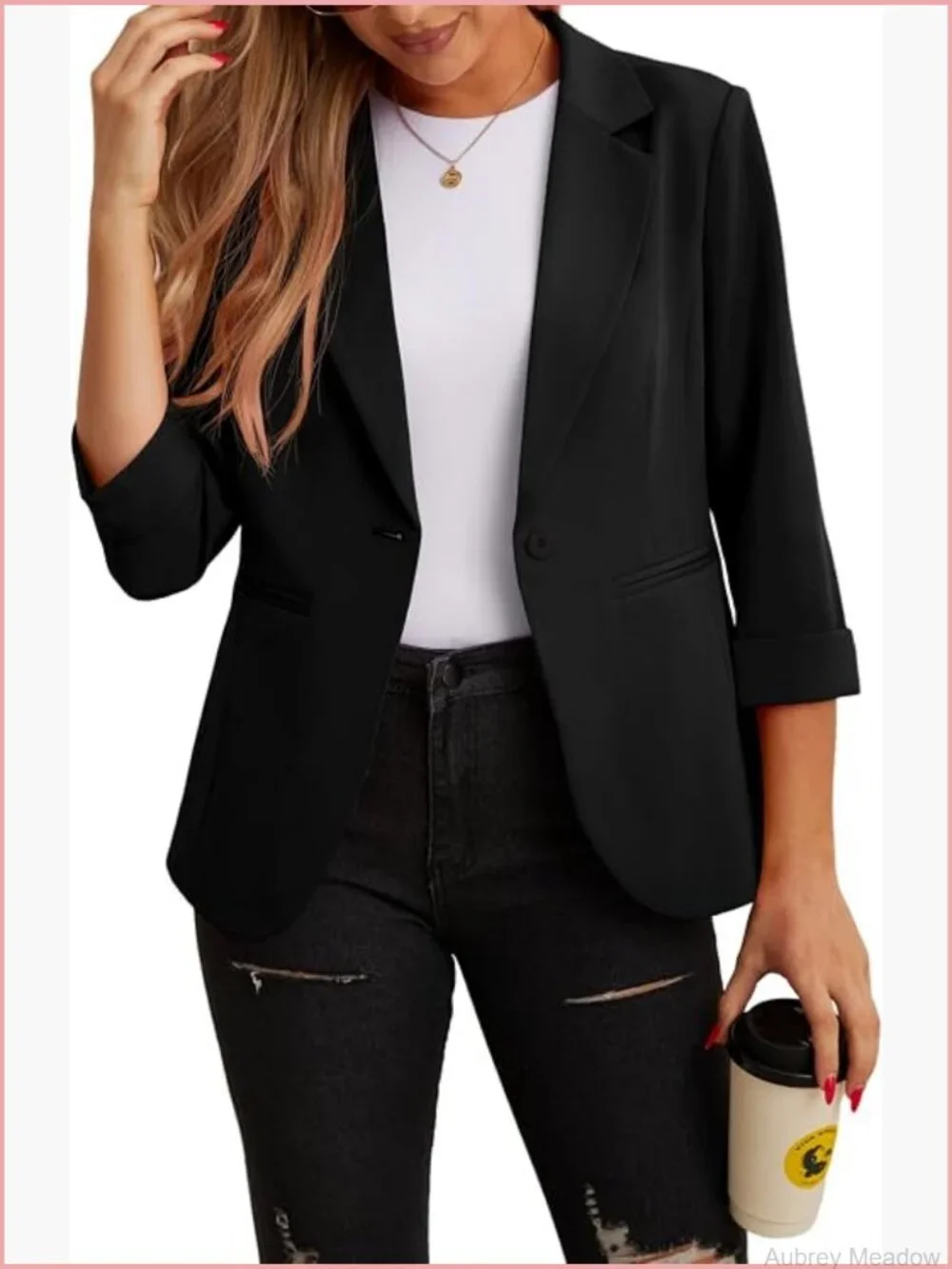 Lightweight 3/4 Sleeve Lapel Open Front Blazer with Pockets